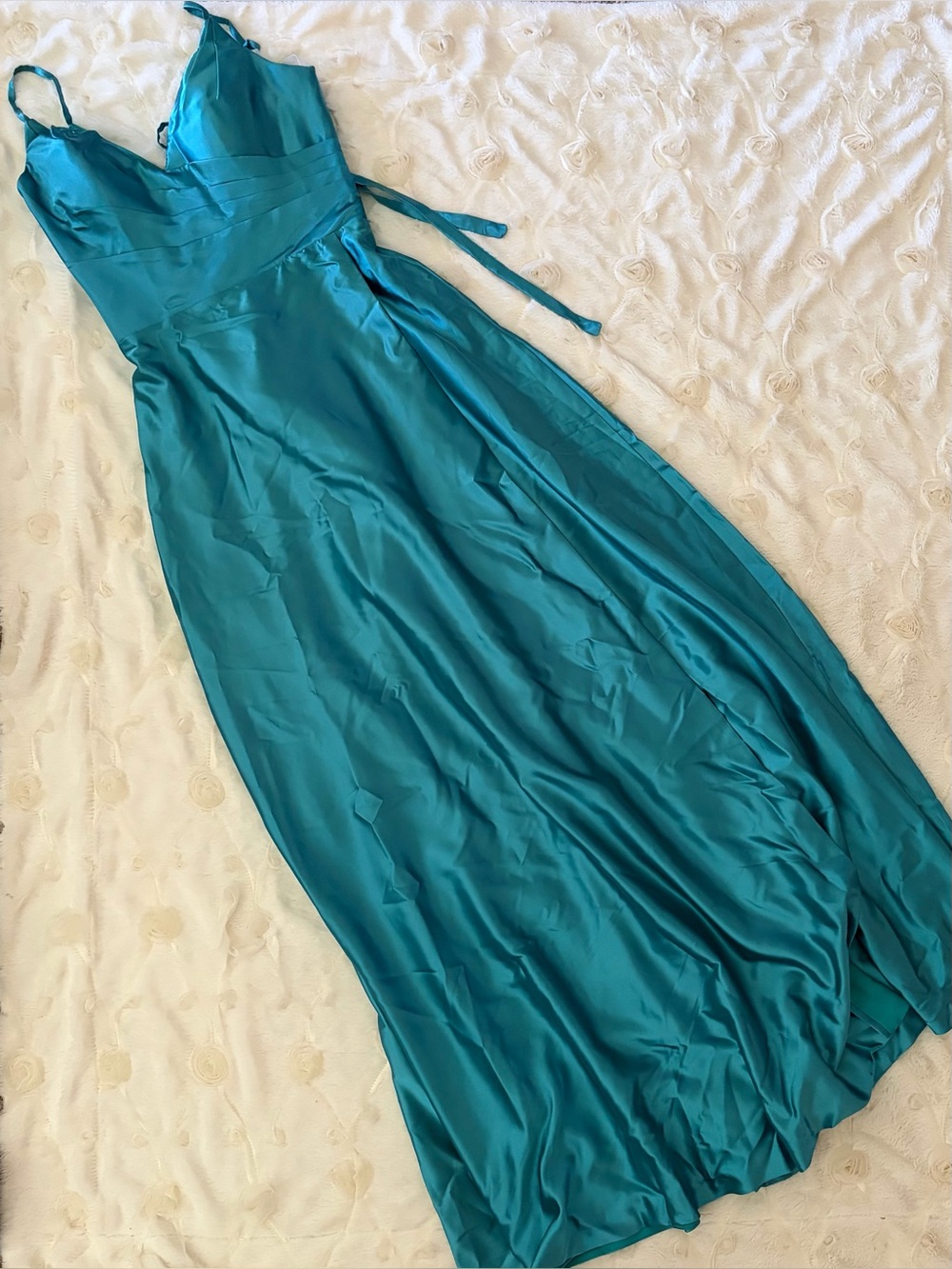 Satin Teal V-Neck Maxi Dress with Spaghetti Straps